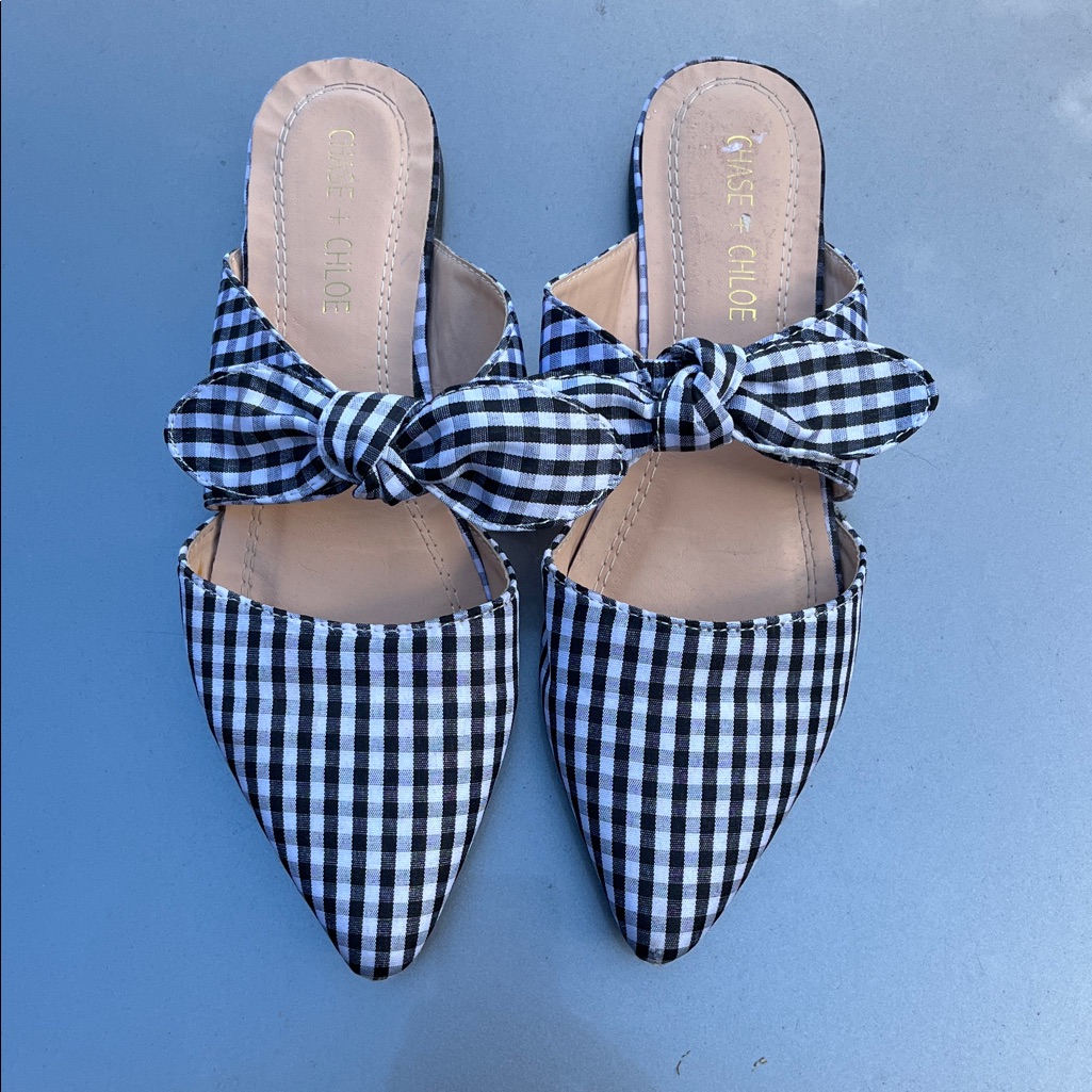 Chase + Chloe Black And White Checkered Bow Mules